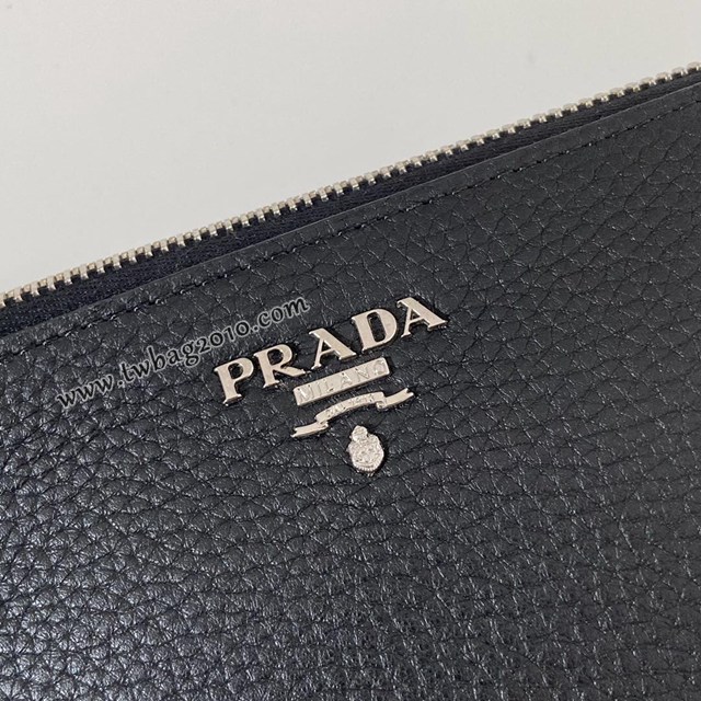 Prada專櫃新款男士手包 2NE009 普拉達銀色散字嘜黑色鹿皮男款手拿包 csp1542